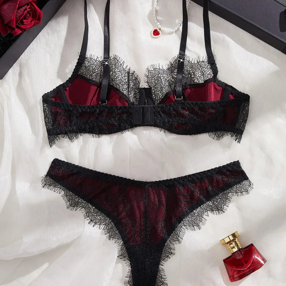 Westerns Ultra Thin Wine Red Lace Patchwork Bra Lingerie Sets Erotic Exotic Suits
