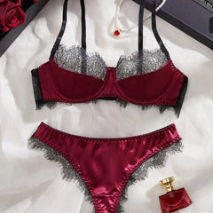 Westerns Ultra Thin Wine Red Lace Patchwork Bra Lingerie Sets Erotic Exotic Suits
