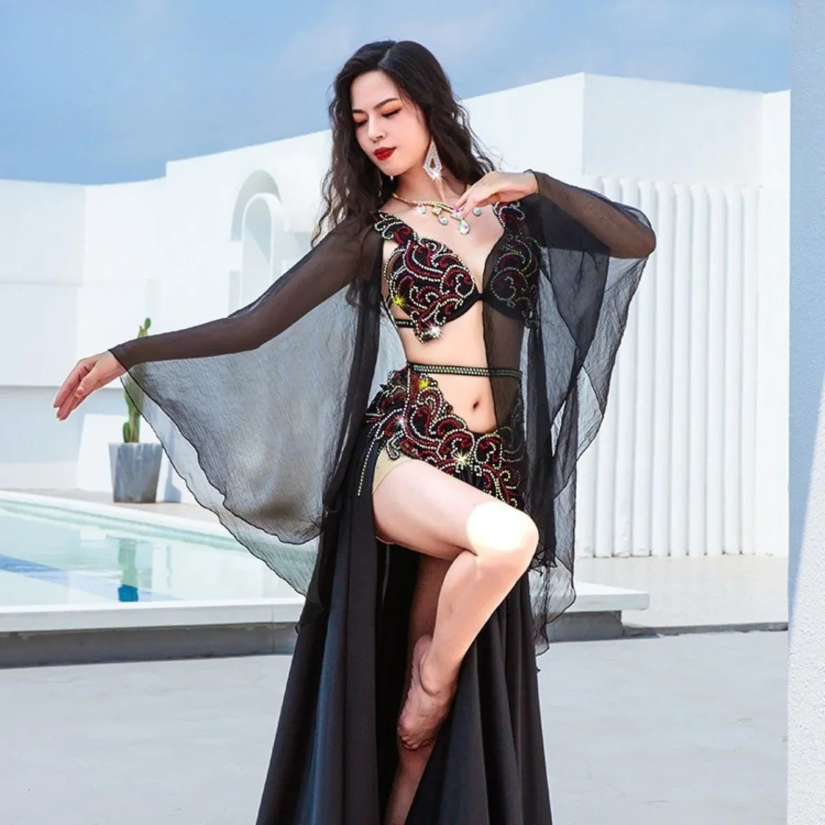 Belly Dance Performance Flowing Chiffon Elegant Large Swing Skirt Professional Competition Stage Wear Outfit Set