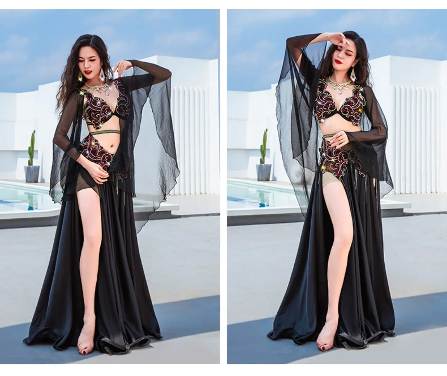 Belly Dance Performance Flowing Chiffon Elegant Large Swing Skirt Professional Competition Stage Wear Outfit Set