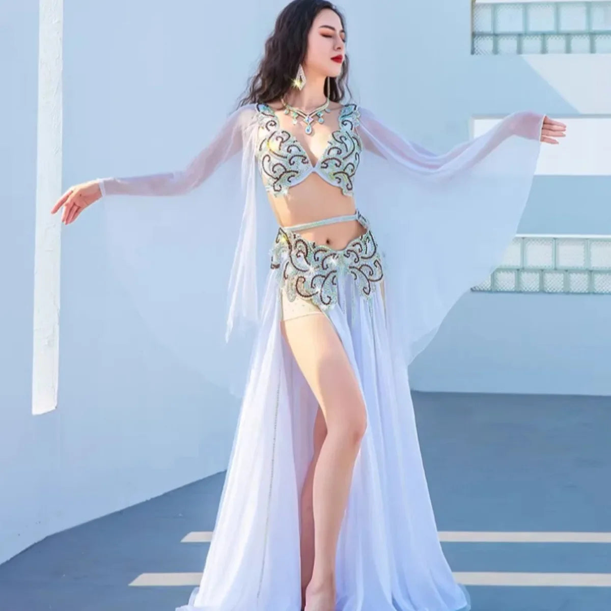 Belly Dance Performance Flowing Chiffon Elegant Large Swing Skirt Professional Competition Stage Wear Outfit Set