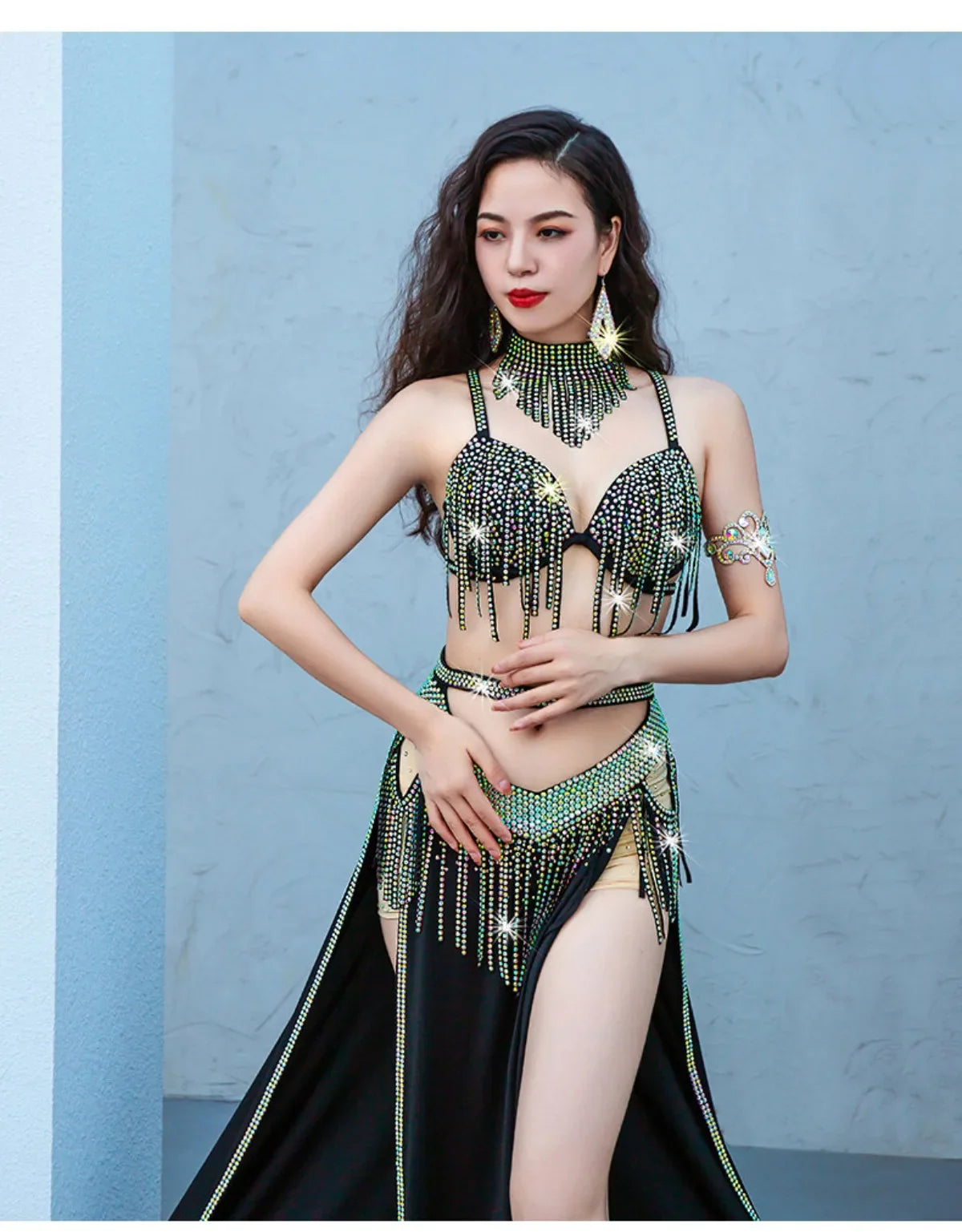 Belly Dance Stage Wear Dynamic Tassel Drum Dance Professional Group Competition Performance Outfit Set