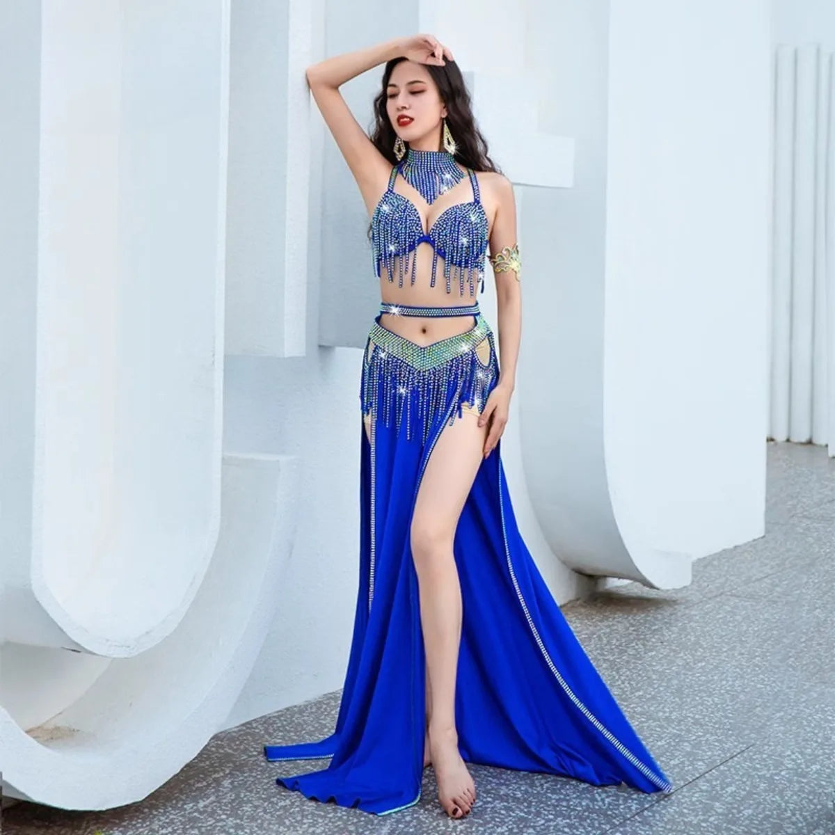 Belly Dance Stage Wear Dynamic Tassel Drum Dance Professional Group Competition Performance Outfit Set