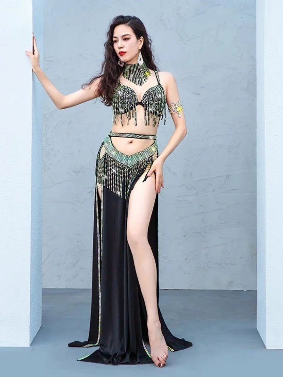 Belly Dance Stage Wear Dynamic Tassel Drum Dance Professional Group Competition Performance Outfit Set
