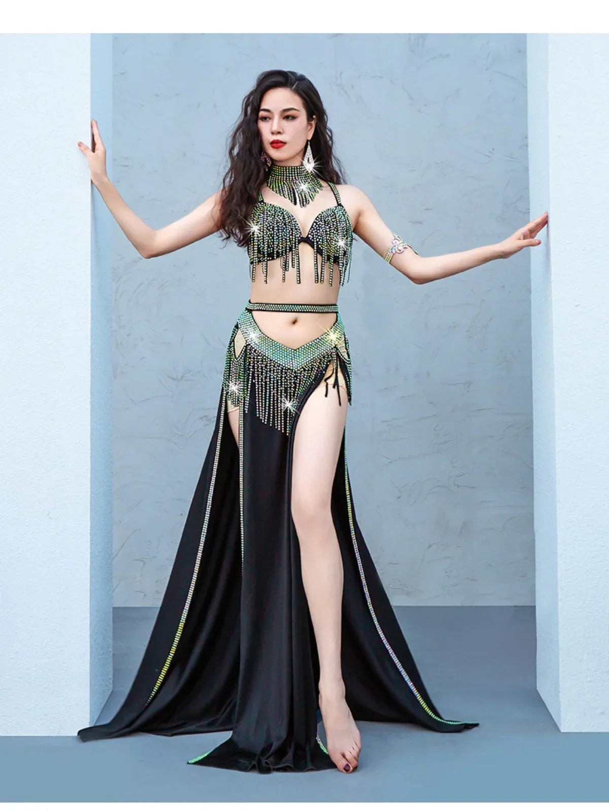 Belly Dance Stage Wear Dynamic Tassel Drum Dance Professional Group Competition Performance Outfit Set