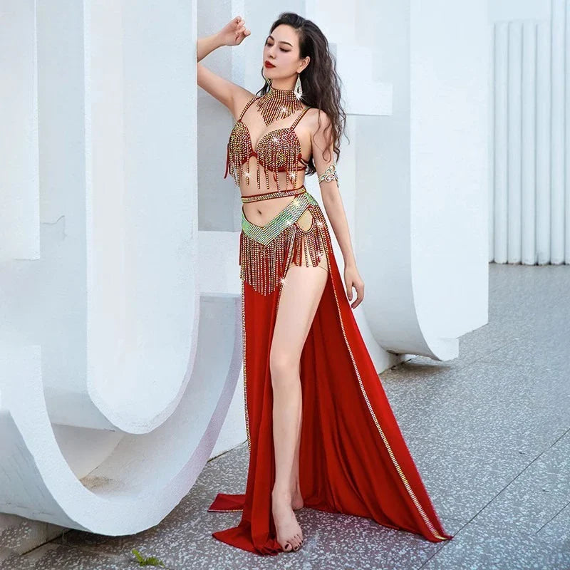 Belly Dance Stage Wear Dynamic Tassel Drum Dance Professional Group Competition Performance Outfit Set