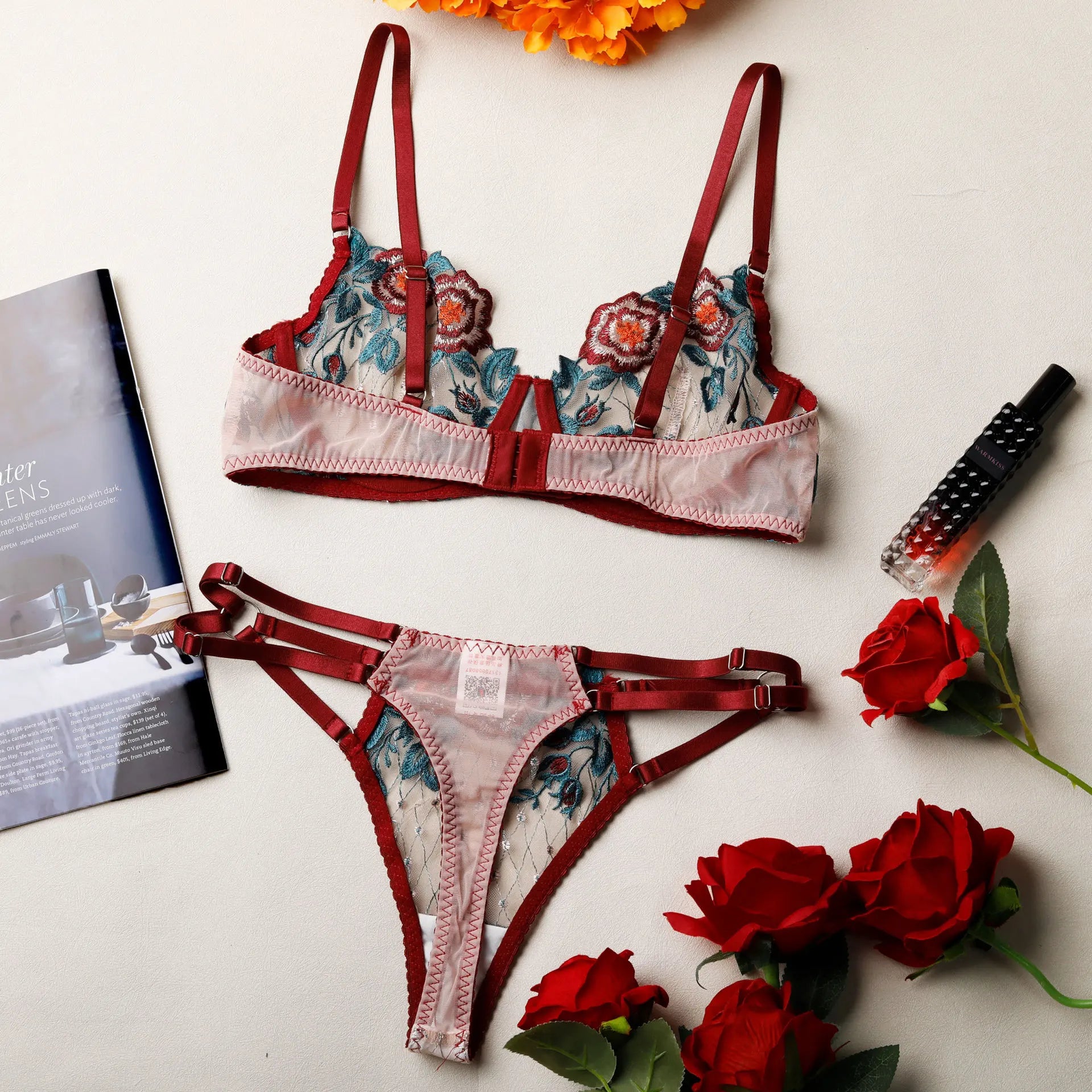 and Briefs Sets Lace Flower Embroidery Perspective Underwire Erotic Lingerie Panty Two-Pieces