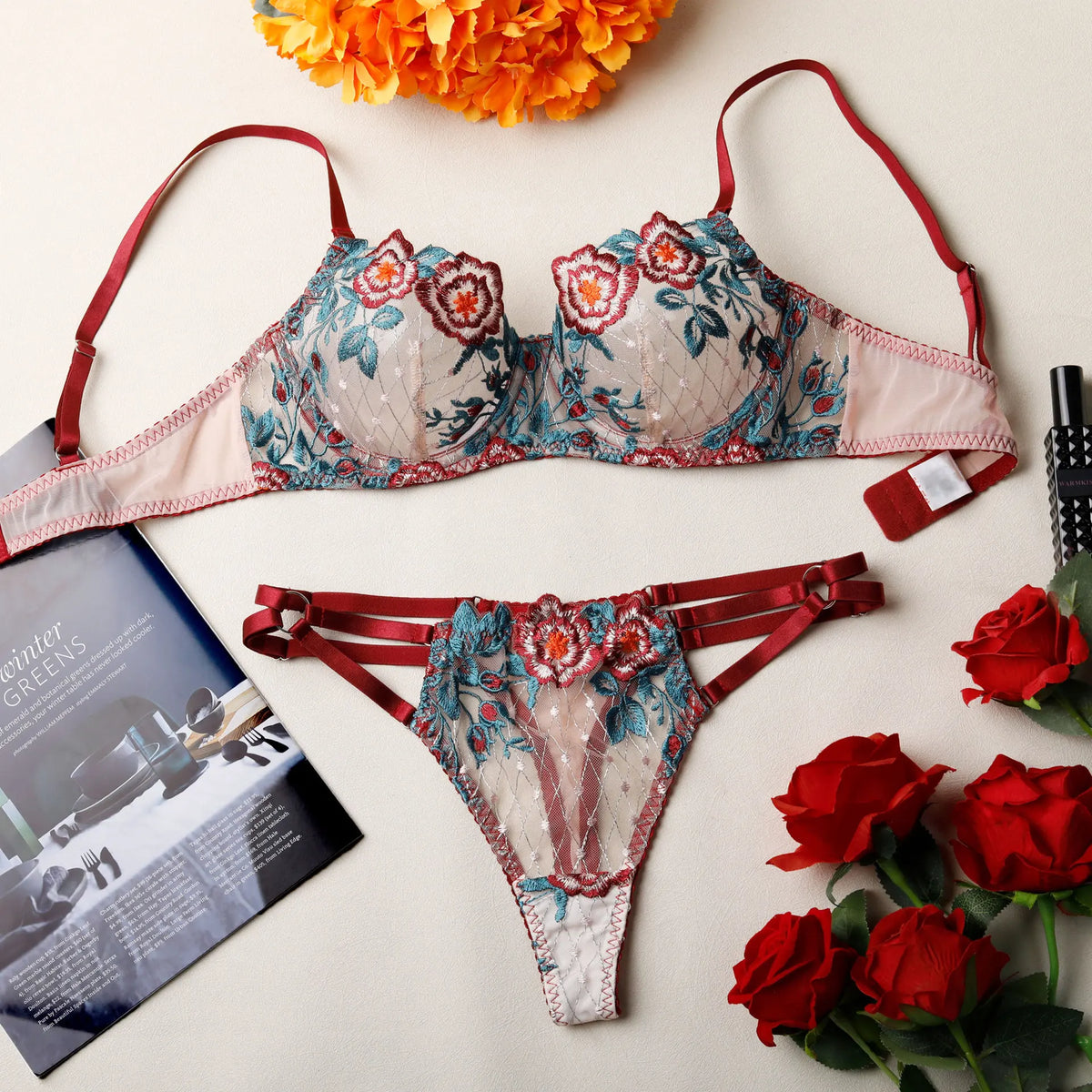 and Briefs Sets Lace Flower Embroidery Perspective Underwire Erotic Lingerie Panty Two-Pieces