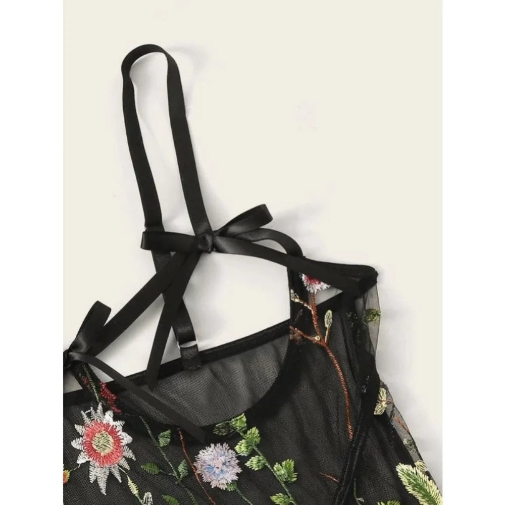 Erotic Western Style Black Mesh Sensual Printed Side Slit See Through Alluring Charming Breathable Premium Erotic