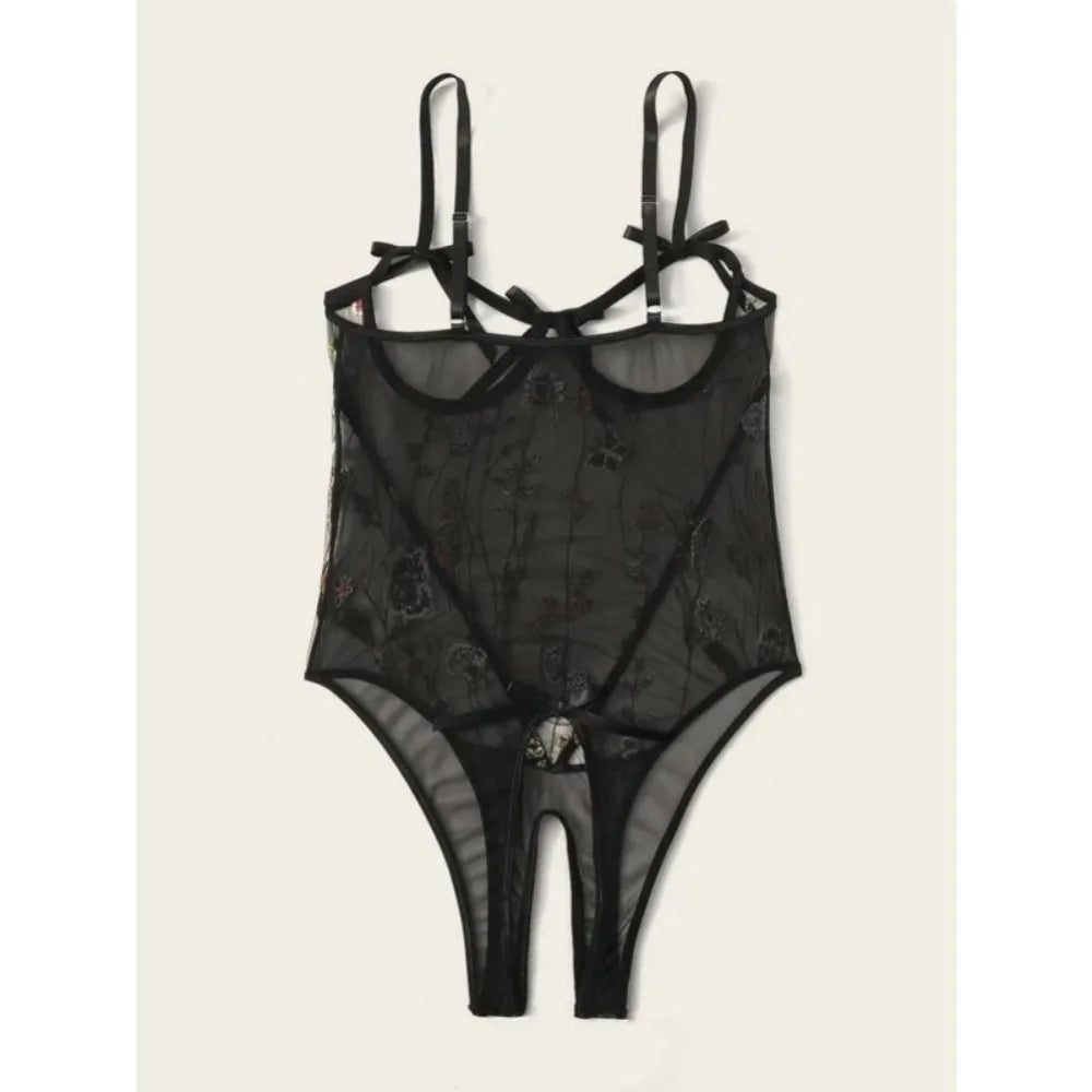 Erotic Western Style Black Mesh Sensual Printed Side Slit See Through Alluring Charming Breathable Premium Erotic