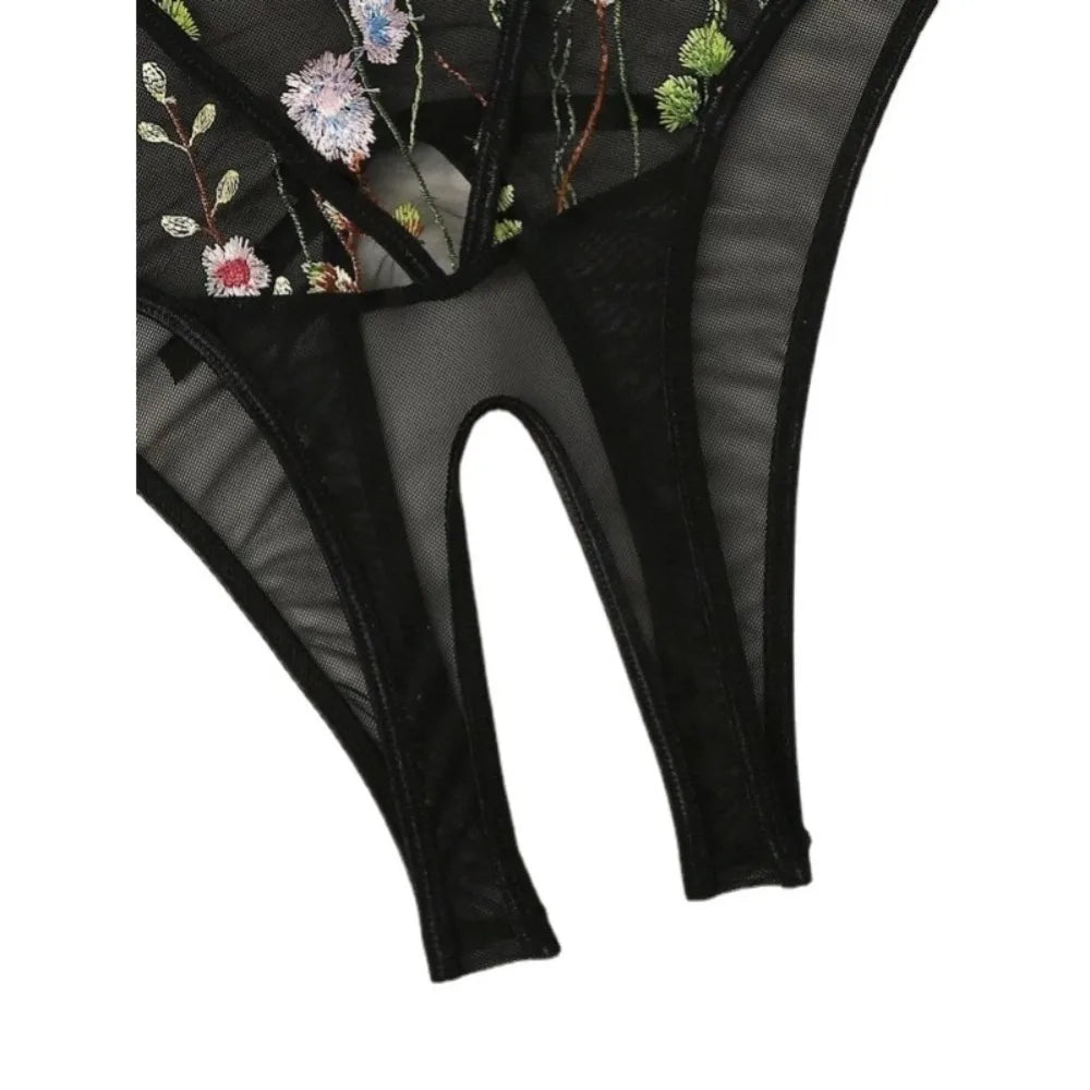 Erotic Western Style Black Mesh Sensual Printed Side Slit See Through Alluring Charming Breathable Premium Erotic