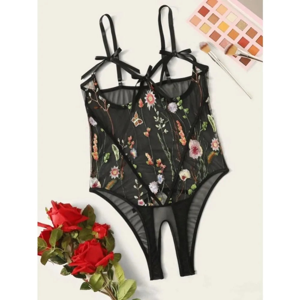 Erotic Western Style Black Mesh Sensual Printed Side Slit See Through Alluring Charming Breathable Premium Erotic