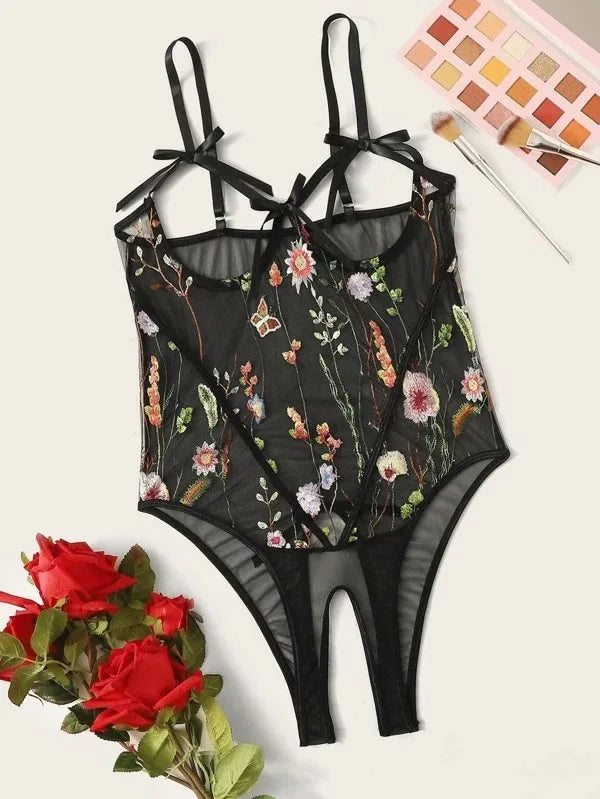 Erotic Western Style Black Mesh Sensual Printed Side Slit See Through Alluring Charming Breathable Premium Erotic