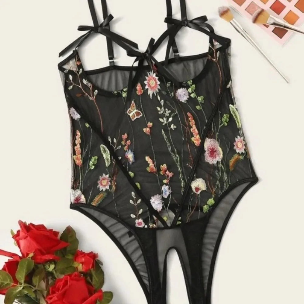 Erotic Western Style Black Mesh Sensual Printed Side Slit See Through Alluring Charming Breathable Premium Erotic