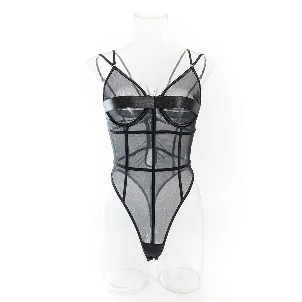 Erotic Western Style Deep V Neck Sensual Double Straps Mesh See Through Alluring Breathable Premium Erotic