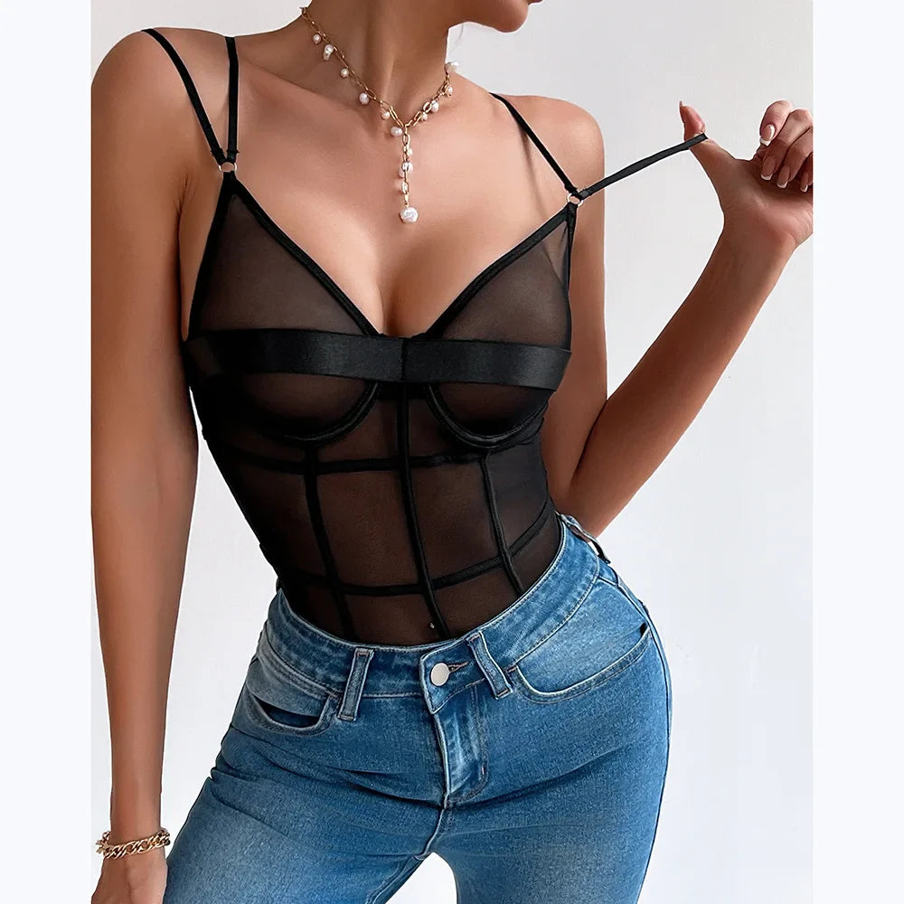 Erotic Western Style Deep V Neck Sensual Double Straps Mesh See Through Alluring Breathable Premium Erotic