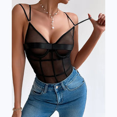 Erotic Western Style Deep V Neck Sensual Double Straps Mesh See Through Alluring Breathable Premium Erotic