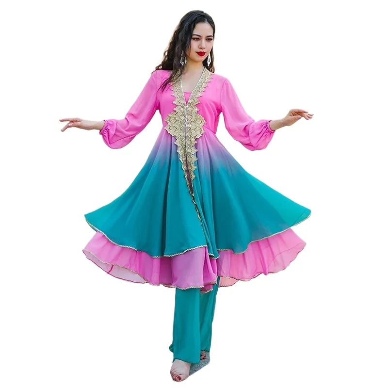 Folk Style Belly Dance Performance Outfit, Gradient Large Swing Skirt, Comfortable