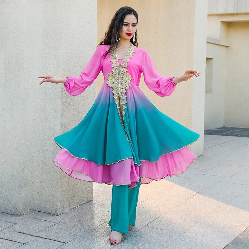 Folk Style Belly Dance Performance Outfit, Gradient Large Swing Skirt, Comfortable