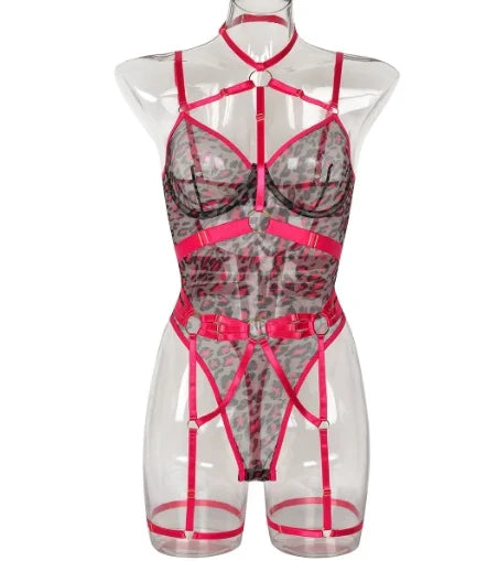 Hotsweet Mesh Vintage Strapss Chic Patchwork Slim Hollow Out with Leg Rings See Through Clothing