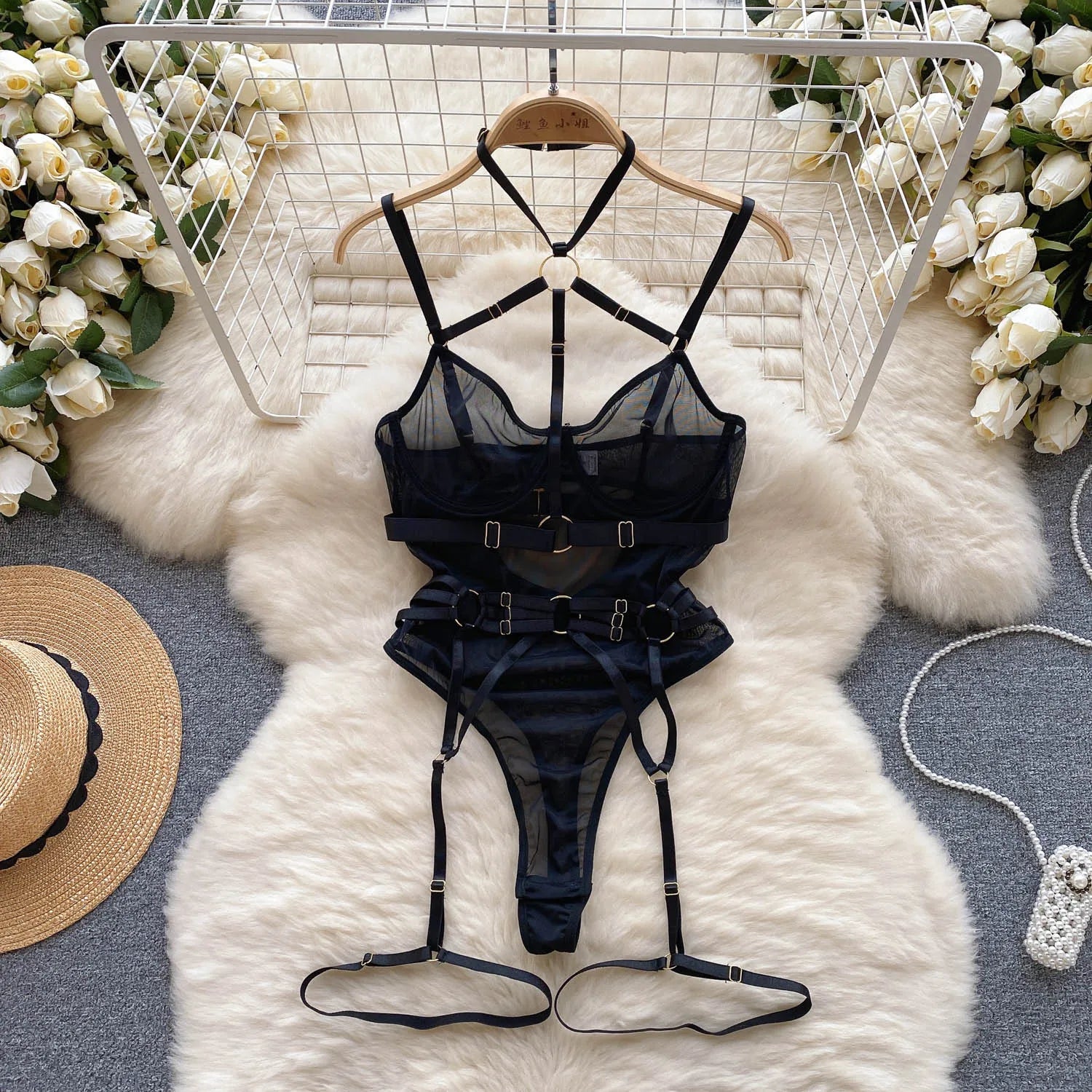 Hotsweet Mesh Vintage Strapss Chic Patchwork Slim Hollow Out with Leg Rings See Through Clothing