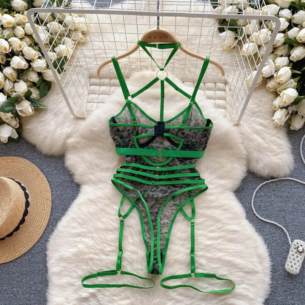 Hotsweet Mesh Vintage Strapss Chic Patchwork Slim Hollow Out with Leg Rings See Through Clothing