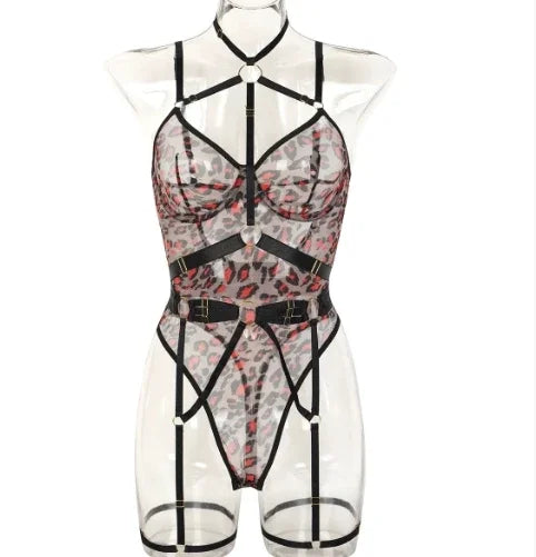 Hotsweet Mesh Vintage Strapss Chic Patchwork Slim Hollow Out with Leg Rings See Through Clothing