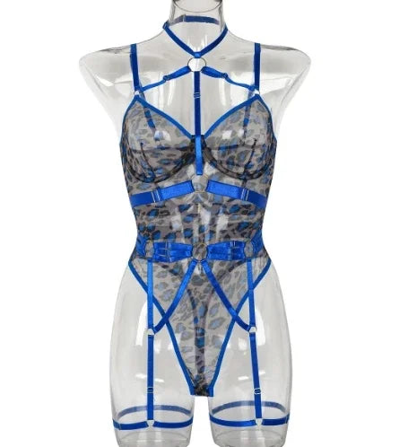 Hotsweet Mesh Vintage Strapss Chic Patchwork Slim Hollow Out with Leg Rings See Through Clothing