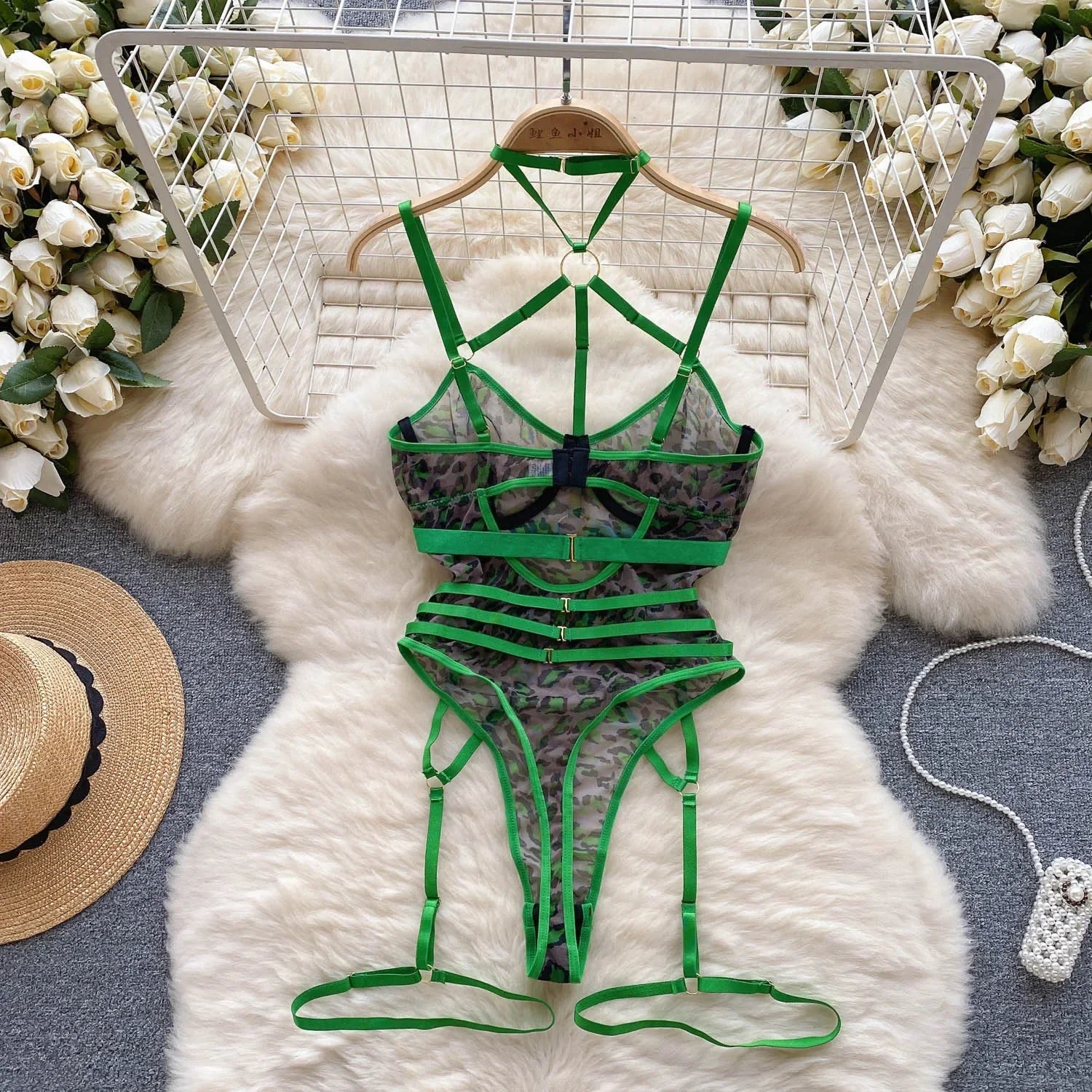 Hotsweet Mesh Vintage Strapss Chic Patchwork Slim Hollow Out with Leg Rings See Through Clothing