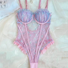 Laces Ruffles Elegant Bodys Only Fans Kit Kinky Romantic Pink See Through Costume