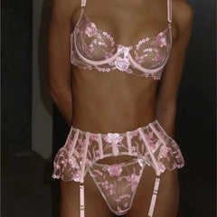Lingerie Set Sheer Mesh Babydoll Lace Belt Suspender Transparent Nightwear Valentine Day Bridal Honeymoon Suit