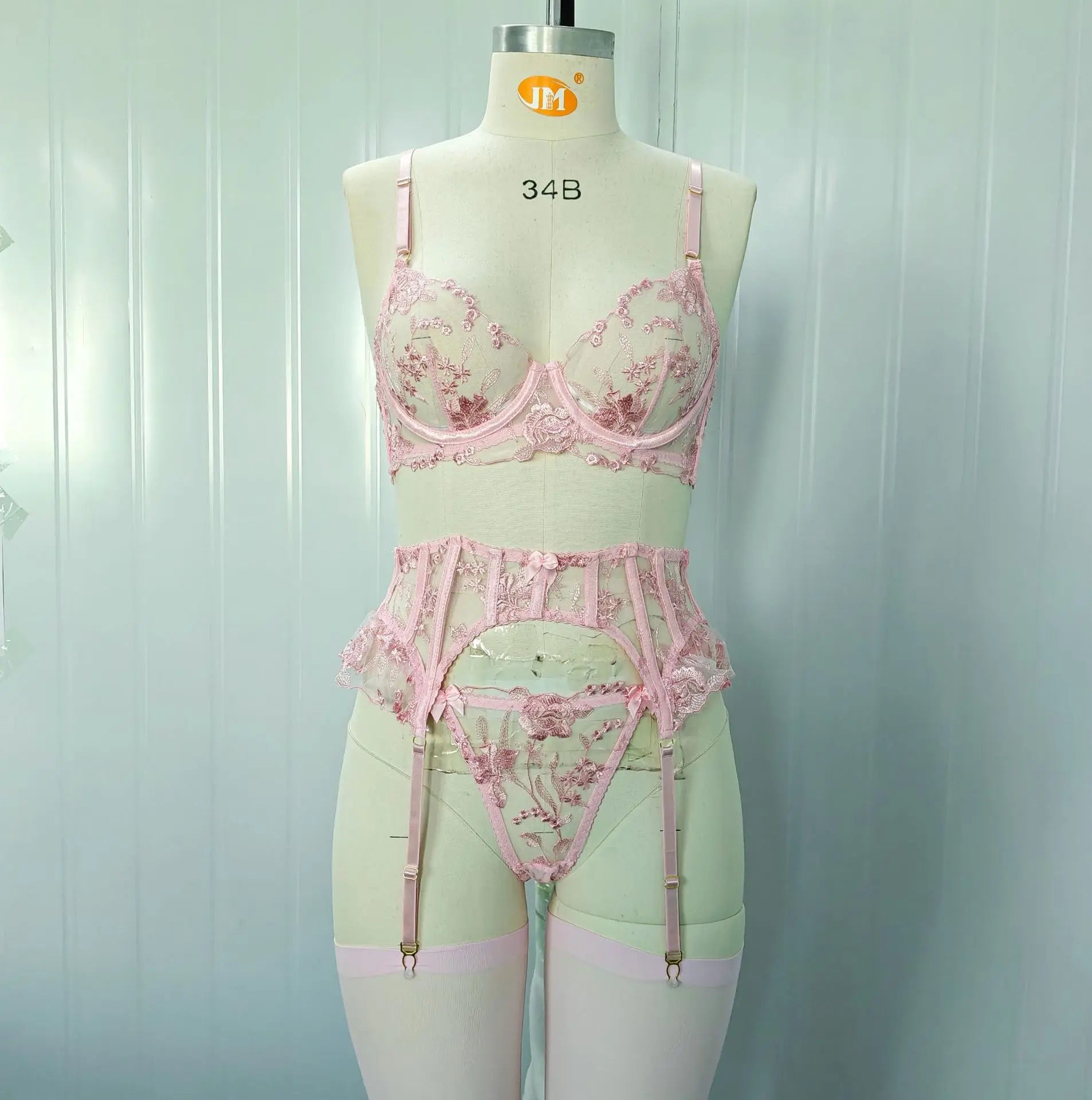 Lingerie Set Sheer Mesh Babydoll Lace Belt Suspender Transparent Nightwear Valentine Day Bridal Honeymoon Suit
