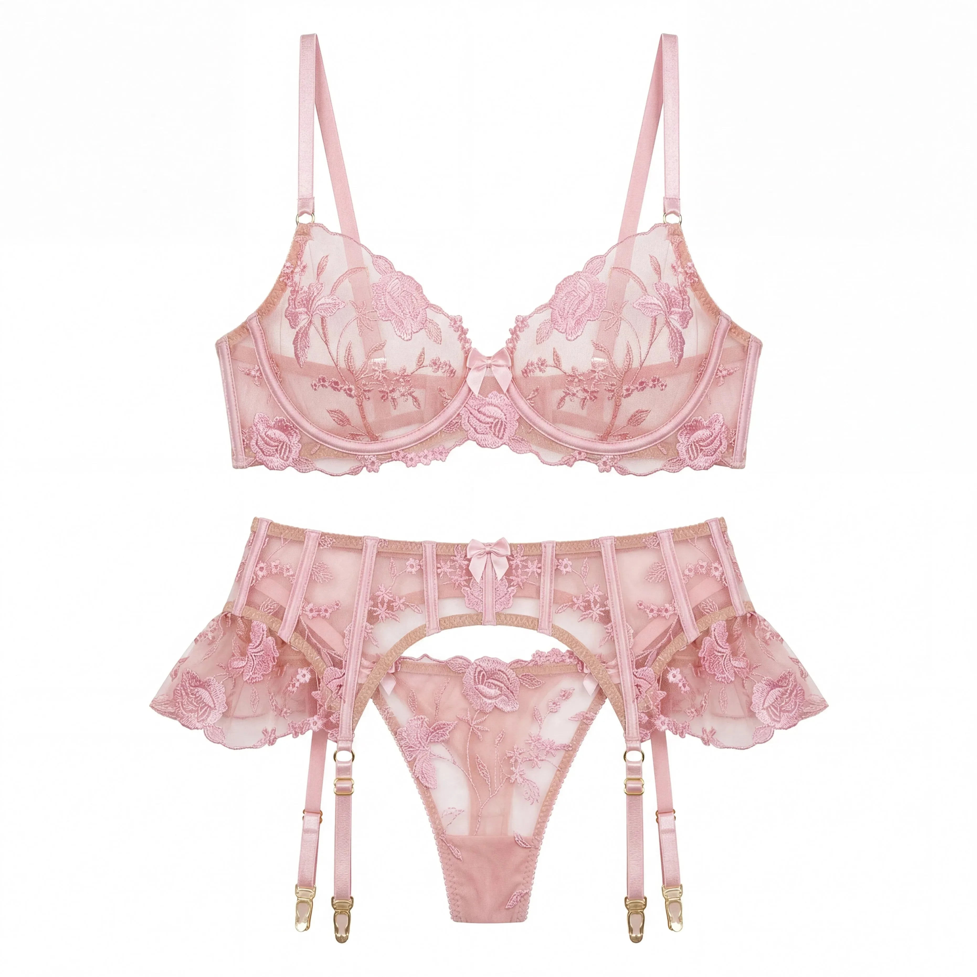 Lingerie Set Sheer Mesh Babydoll Lace Belt Suspender Transparent Nightwear Valentine Day Bridal Honeymoon Suit