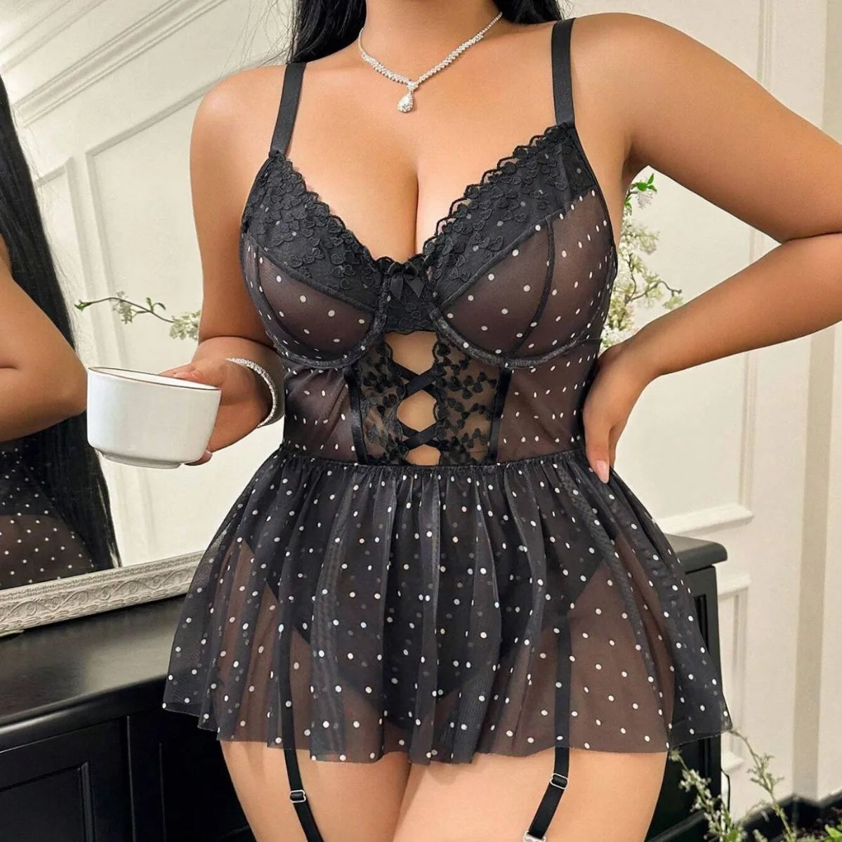 Plus Size French Style Lace Mesh Polka Dot Summer Breathable Erotic Lingerie Exotic Set
