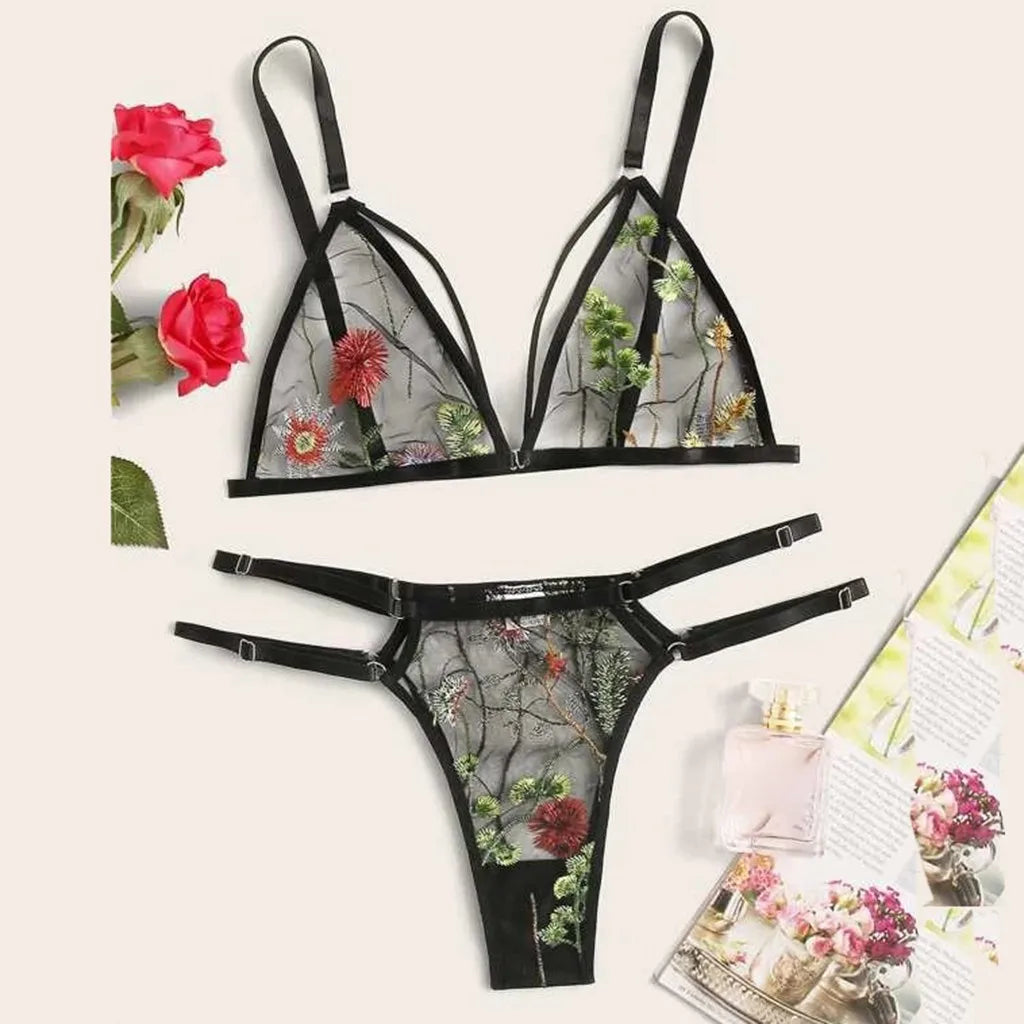Porno Flower Embroidery Lace Bra Set Transparent Lingerie Set Strap G-String Lingerine Outfit