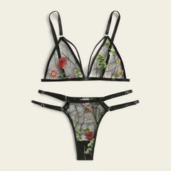 Porno Flower Embroidery Lace Bra Set Transparent Lingerie Set Strap G-String Lingerine Outfit