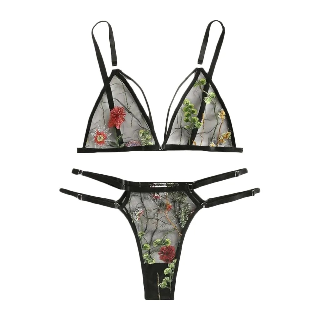 Porno Flower Embroidery Lace Bra Set Transparent Lingerie Set Strap G-String Lingerine Outfit