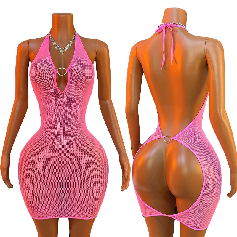 Rose Fishnet Dress Mesh Hollow Perspective Bodycon Underwear Dress Erotic Crotchless Lingerie