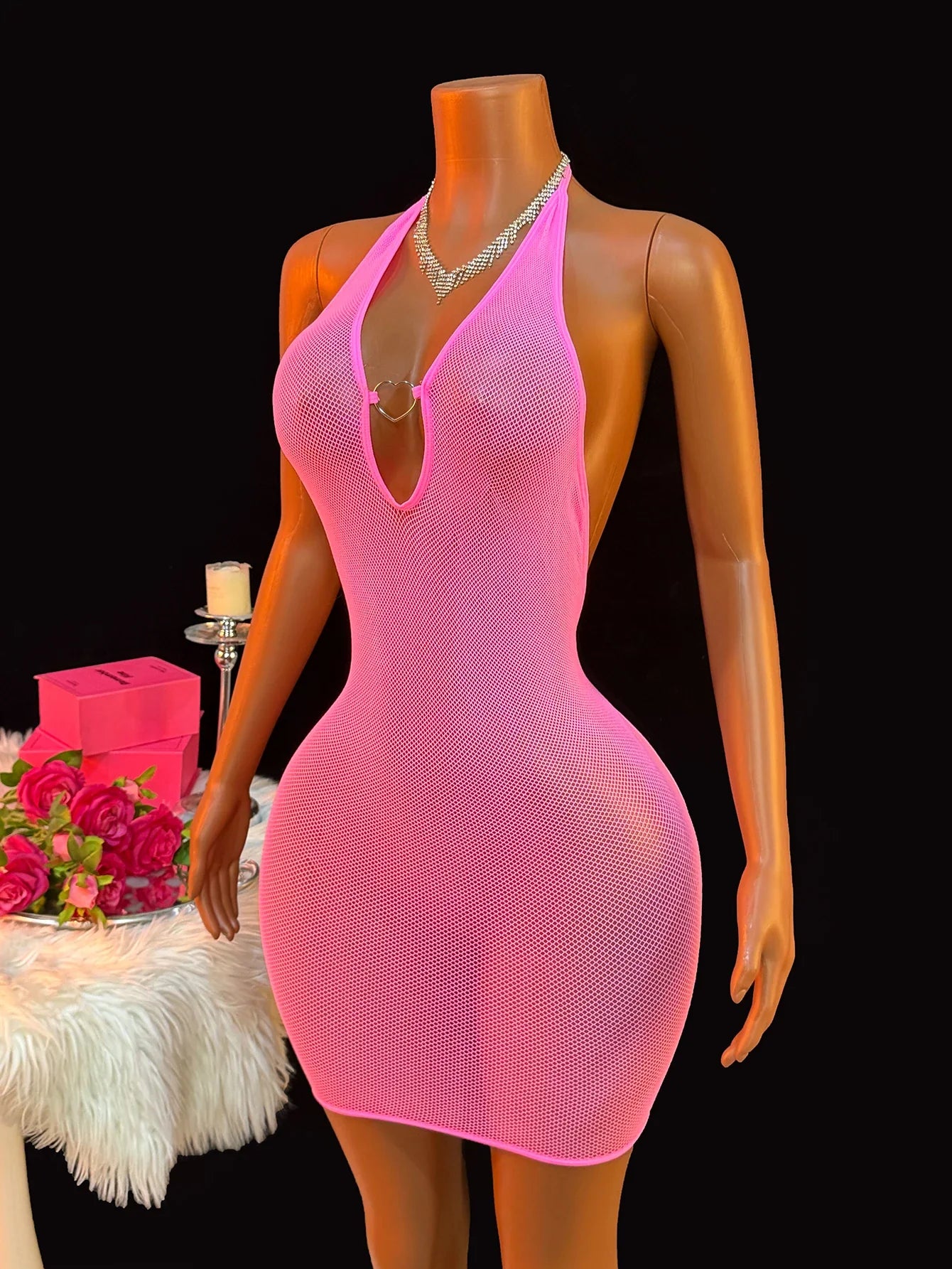 Rose Fishnet Dress Mesh Hollow Perspective Bodycon Underwear Dress Erotic Crotchless Lingerie