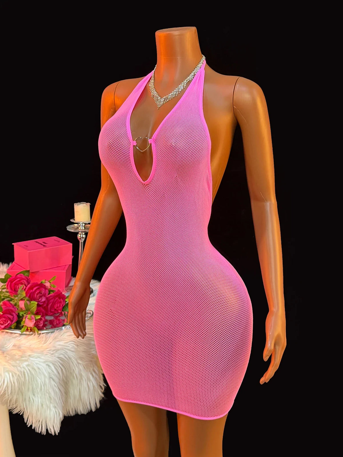 Rose Fishnet Dress Mesh Hollow Perspective Bodycon Underwear Dress Erotic Crotchless Lingerie
