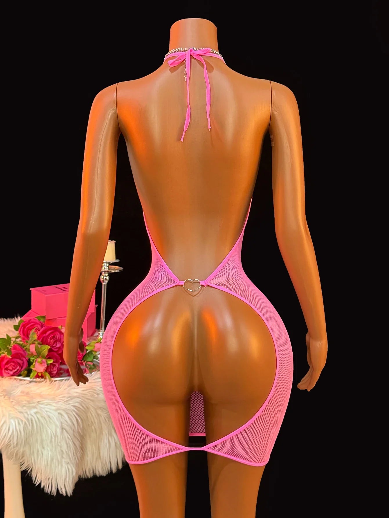 Rose Fishnet Dress Mesh Hollow Perspective Bodycon Underwear Dress Erotic Crotchless Lingerie