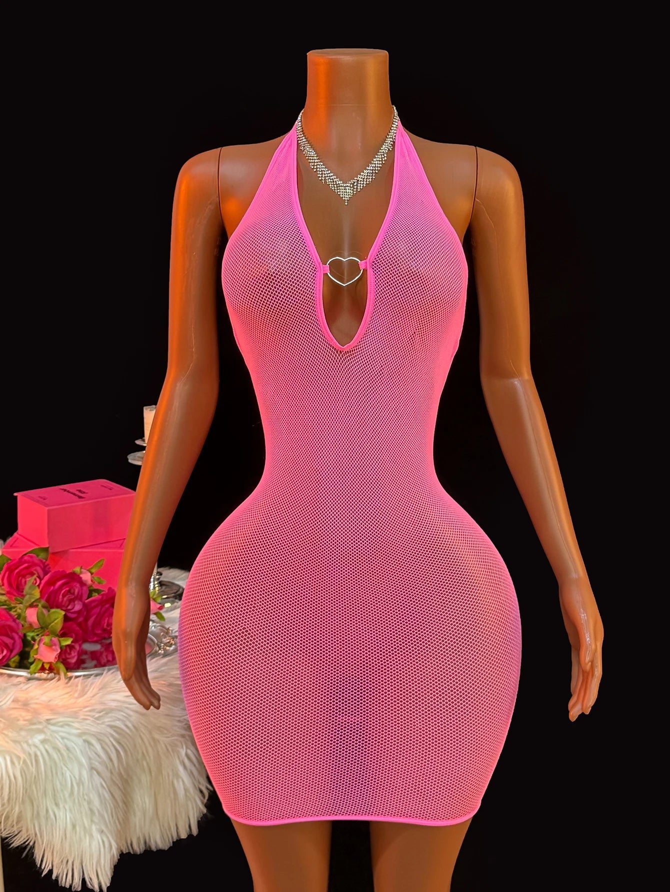 Rose Fishnet Dress Mesh Hollow Perspective Bodycon Underwear Dress Erotic Crotchless Lingerie