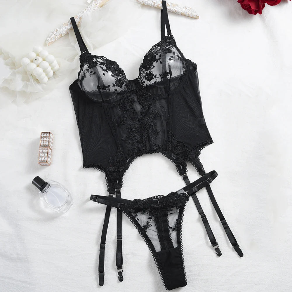Sensual Lingerie Floral Lace See-Through Bra Invisible Thongs Naked Suit Outfit Transparent Erotic