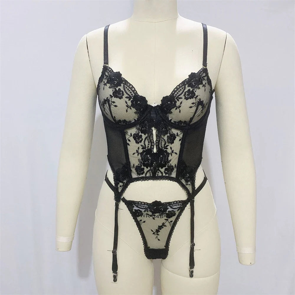 Sensual Lingerie Floral Lace See-Through Bra Invisible Thongs Naked Suit Outfit Transparent Erotic