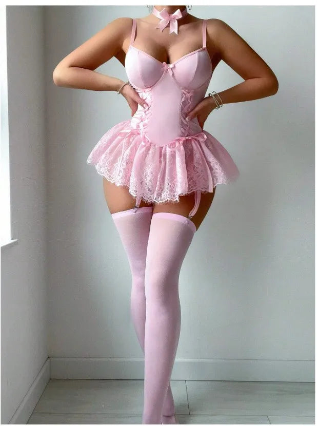 Erotic Eyelash Lace Lingerie Set Sensual Mesh Alluring See Through Nightdress Lace Lingerie Nightwear `
