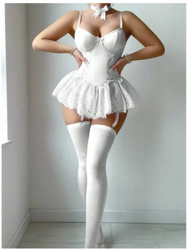 Erotic Eyelash Lace Lingerie Set Sensual Mesh Alluring See Through Nightdress Lace Lingerie Nightwear `