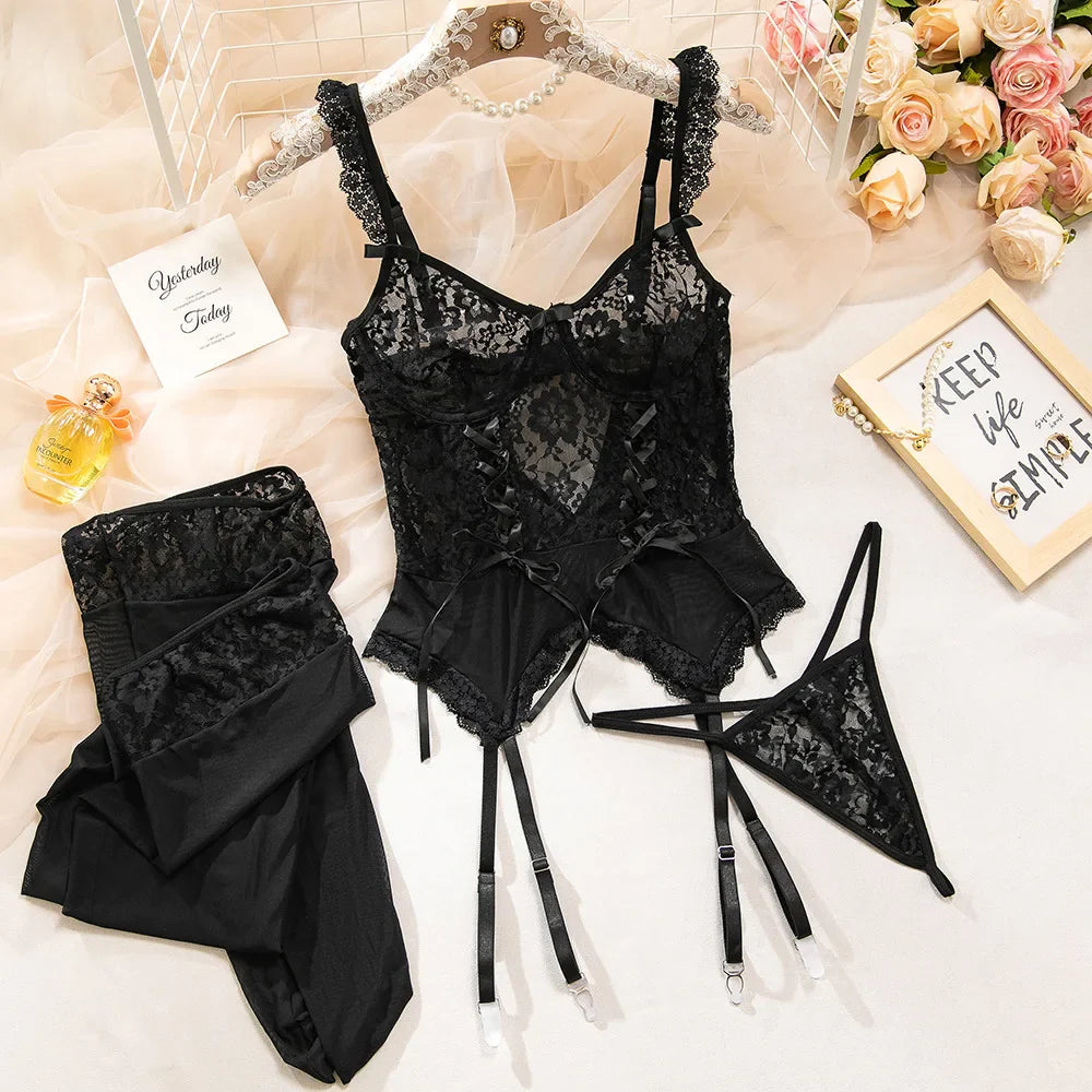 Erotic Lace Sensual Design With Choker Alluring See Through Lingerie Nightwear Sensual Lingerie Jumpsuit
