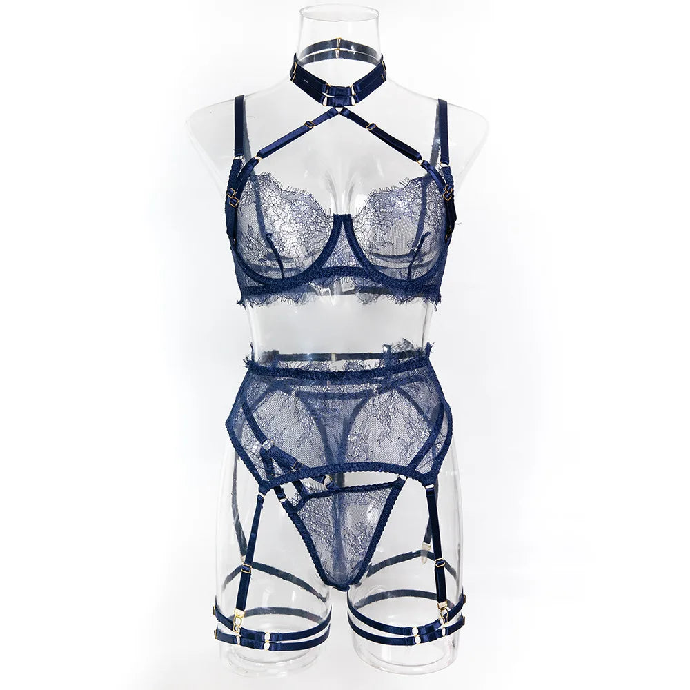 Erotic Lace Halter Bra 3 Piece Set Sensual Push Up See Through Design Alluring Hip Lifting Panty Sensual Lingerie Set