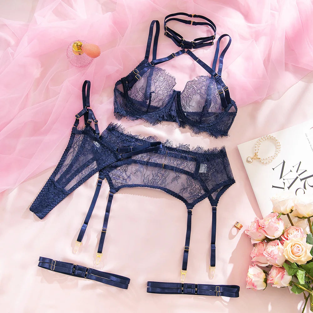 Erotic Lace Halter Bra 3 Piece Set Sensual Push Up See Through Design Alluring Hip Lifting Panty Sensual Lingerie Set