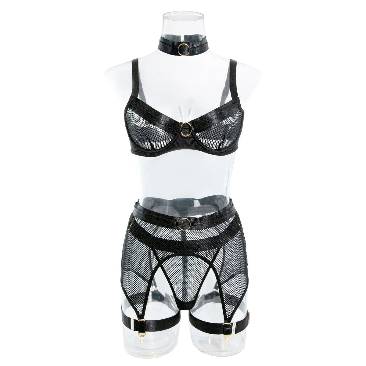 Erotic Mesh Patchwork 4 Piece Set Sensual Halter Neck Alluring Push Up Design Breathable Comfortable Lingerie Set Set